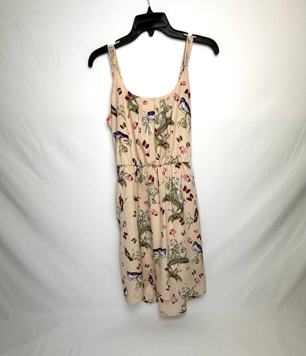 Maurices Womens M Bird Butterfly Floral Dress Beige Lace Strap Cottagecore Boho